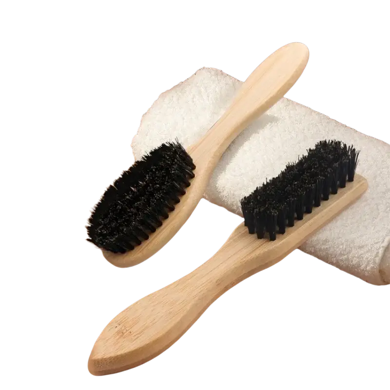 Two wooden-handled beard brushes with dense black boar bristle bristles for grooming and styling facial hair