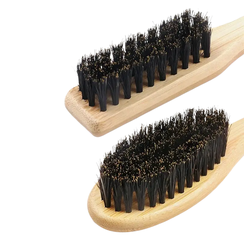 Two wooden-handled beard brushes with dense black boar bristle for grooming and styling facial hair