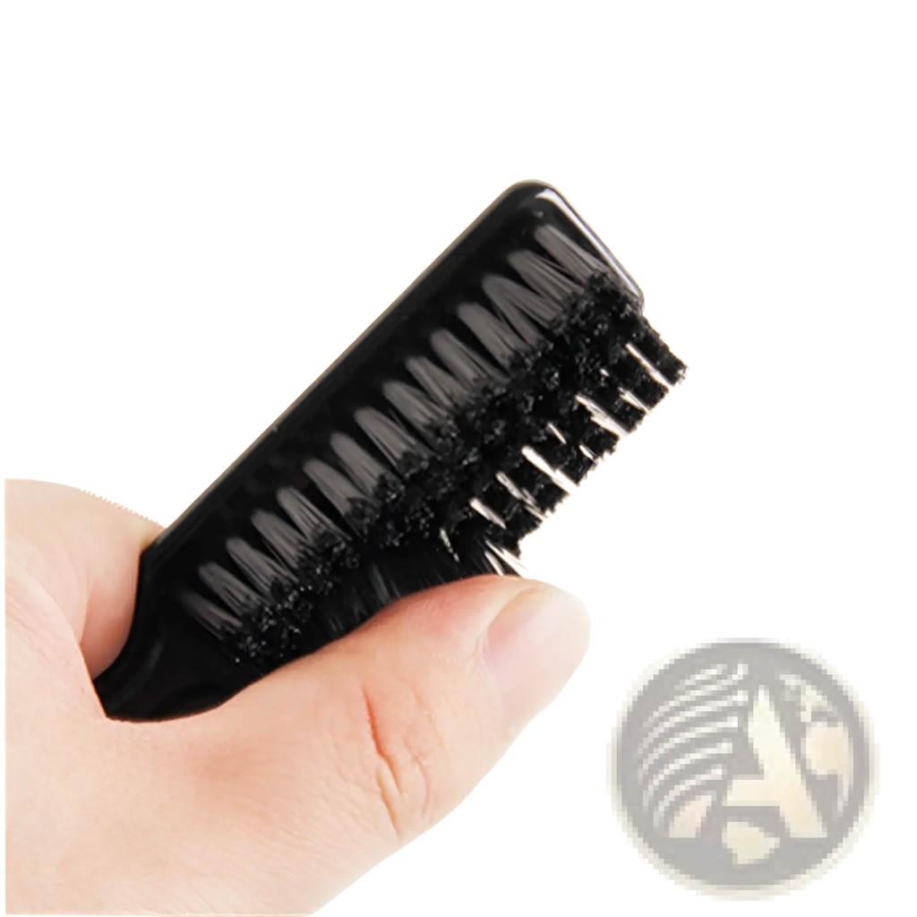 Black plastic beard brush with dense stiff nylon bristles for soft grooming and barber cleaning tool use