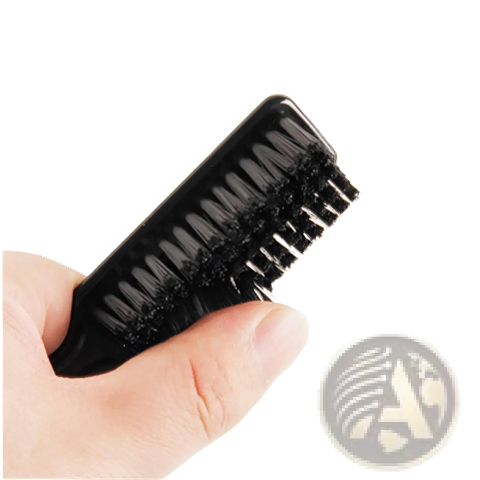 Black plastic beard brush with dense stiff nylon bristles for soft grooming and barber cleaning tool use