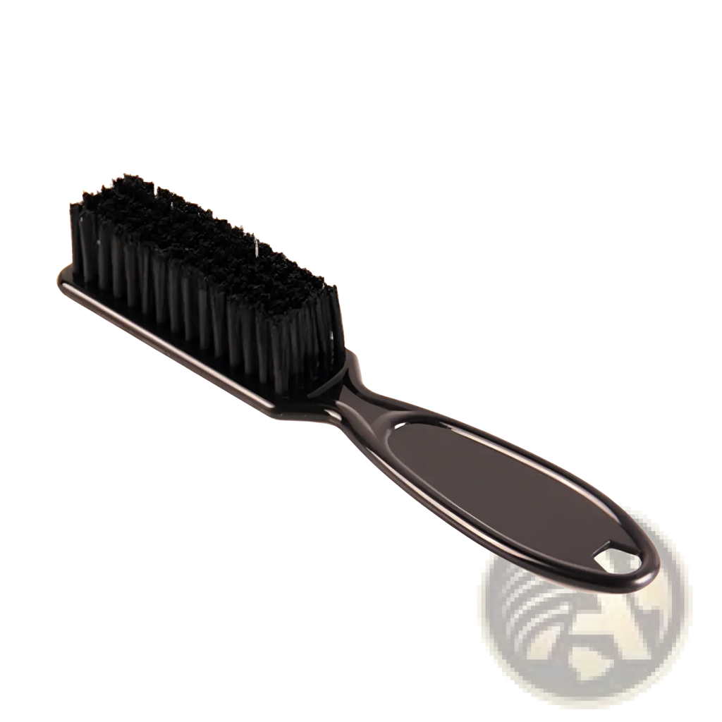 Black plastic beard brush with dense stiff nylon bristles and ergonomic handle for barber and cleaning use