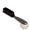 Black plastic beard brush with dense stiff nylon bristles and ergonomic handle for barber and cleaning use