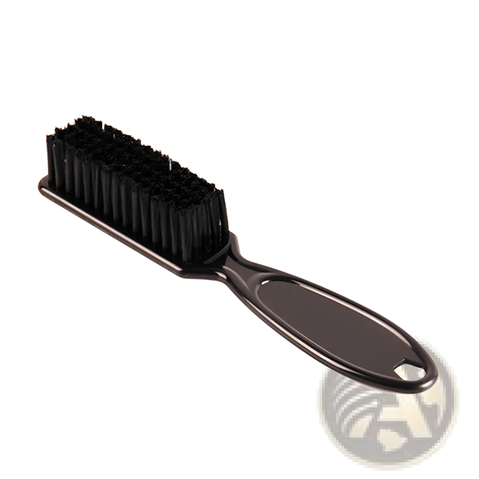 Black plastic beard brush with dense stiff nylon bristles and ergonomic handle for barber and cleaning use