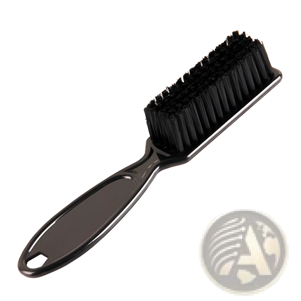 Black plastic beard brush with dense stiff nylon bristles and contoured handle with hanging loop for barber cleaning tool