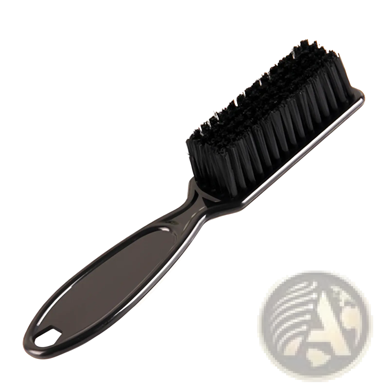 Black plastic beard brush with dense stiff nylon bristles and contoured handle with hanging loop for barber cleaning tool