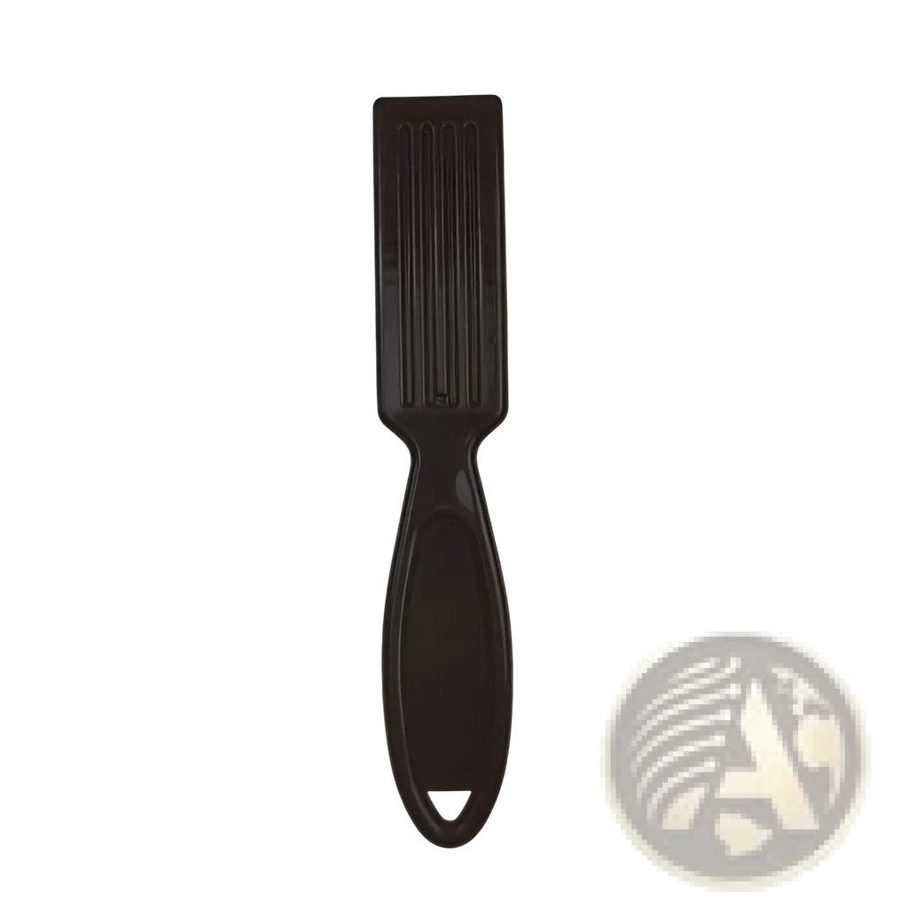 Black plastic beard brush with soft nylon bristles and ergonomic handle for barber cleaning and styling