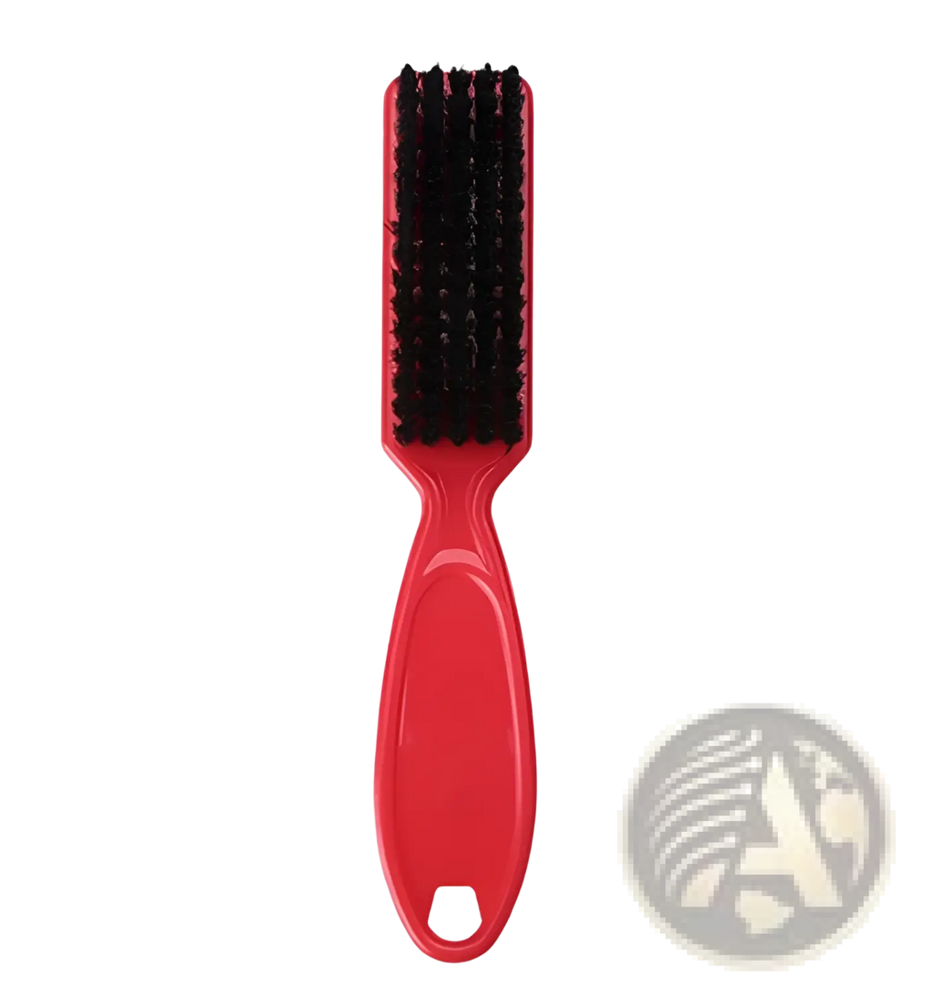 Red plastic beard brush with dense soft black nylon bristles for barber cleaning tool use