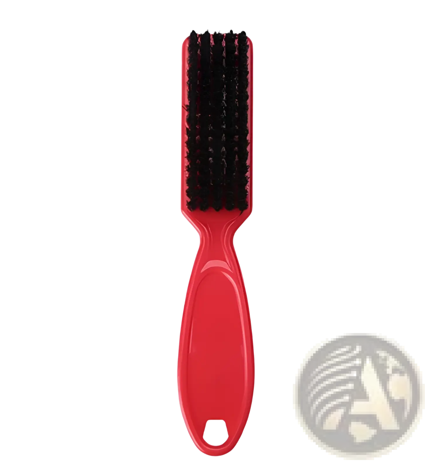 Red plastic beard brush with dense soft black nylon bristles for barber cleaning tool use