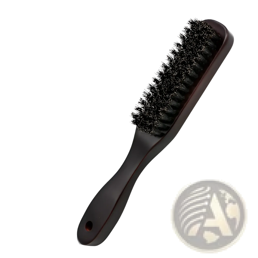 Black stiff pig bristle beard brush with dark brown wooden handle for grooming and styling facial hair