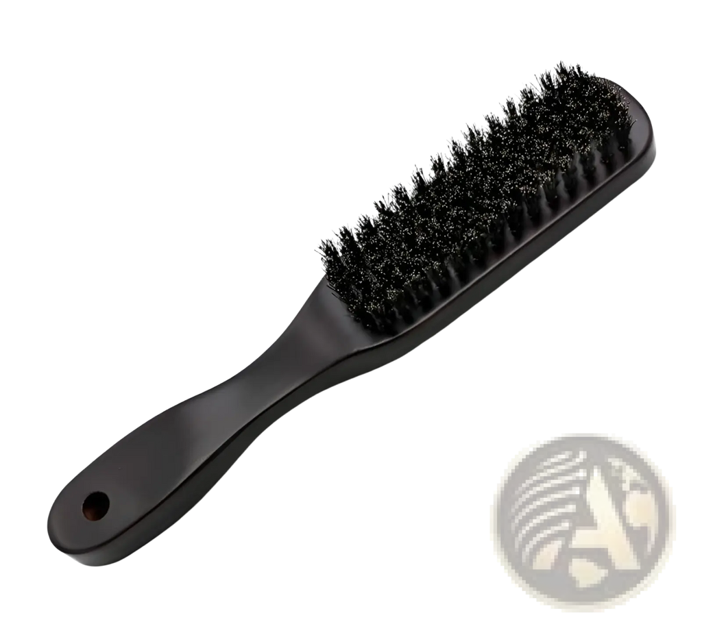 Black plastic shoe brush with dense stiff black bristles shown from the back side for cleaning footwear