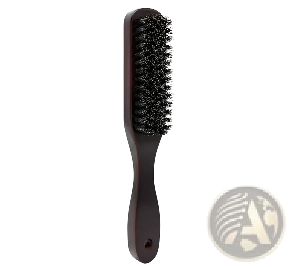 Black beard brush with stiff pig bristles and a dark brown wooden handle for grooming and styling