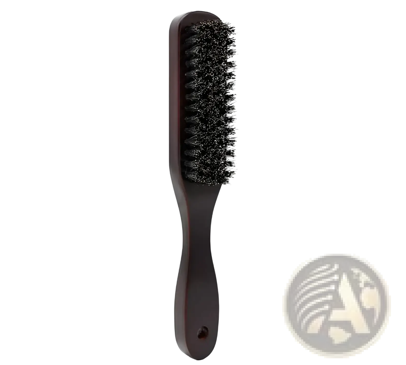 Black beard brush with stiff pig bristles and a dark brown wooden handle for grooming and styling