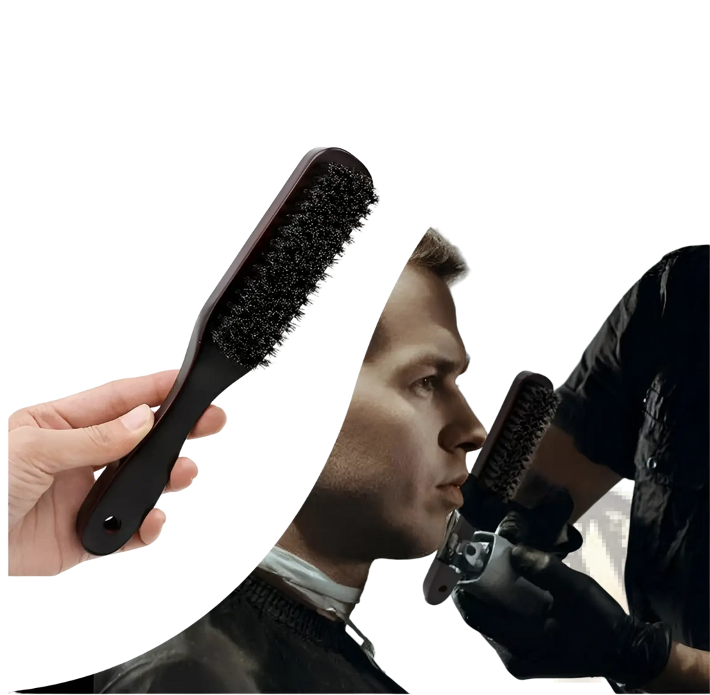 Black bristle beard brush with stiff pig bristles and dark wooden handle designed for grooming and styling