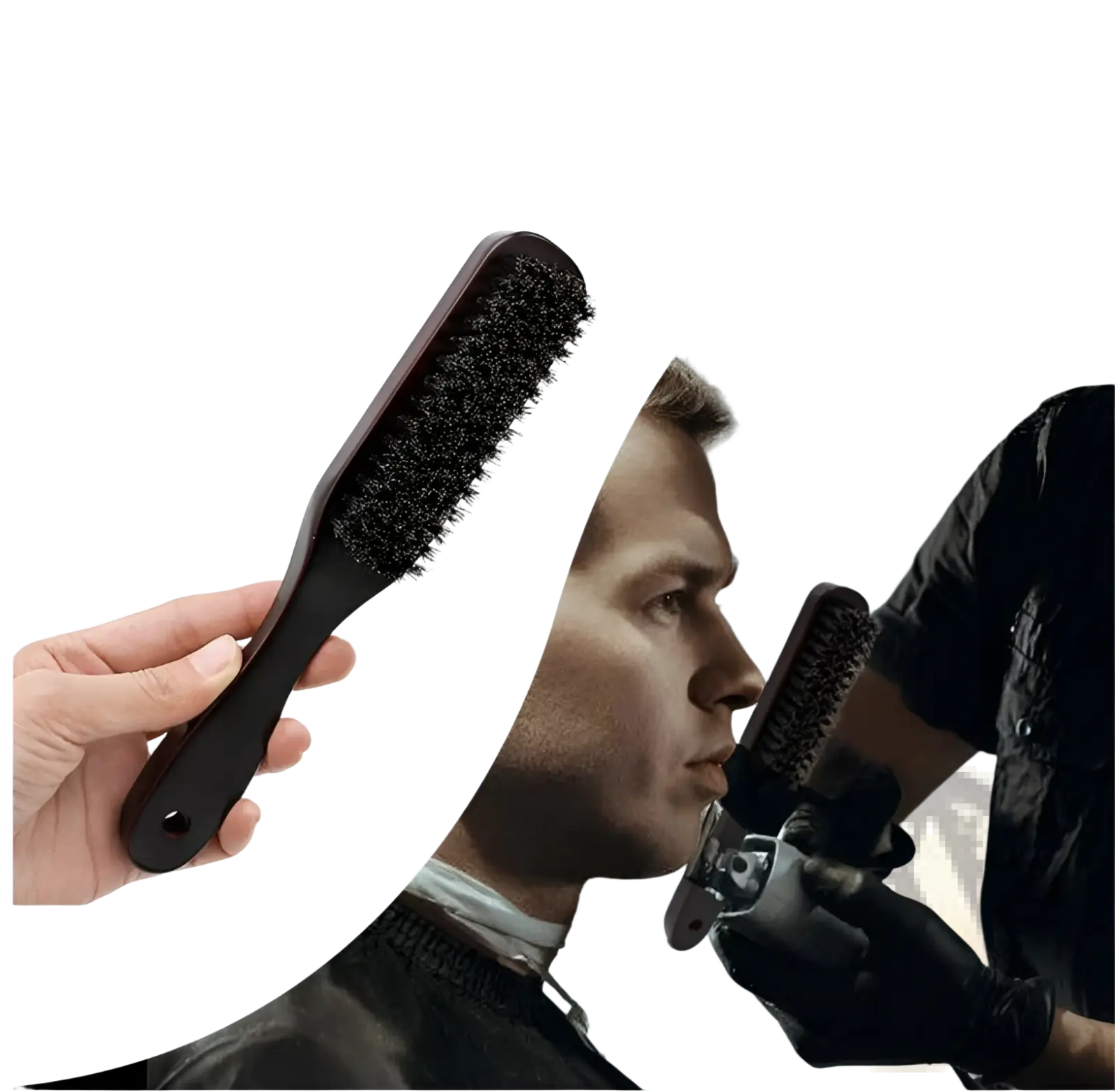 Black bristle beard brush with stiff pig bristles and dark wooden handle designed for grooming and styling