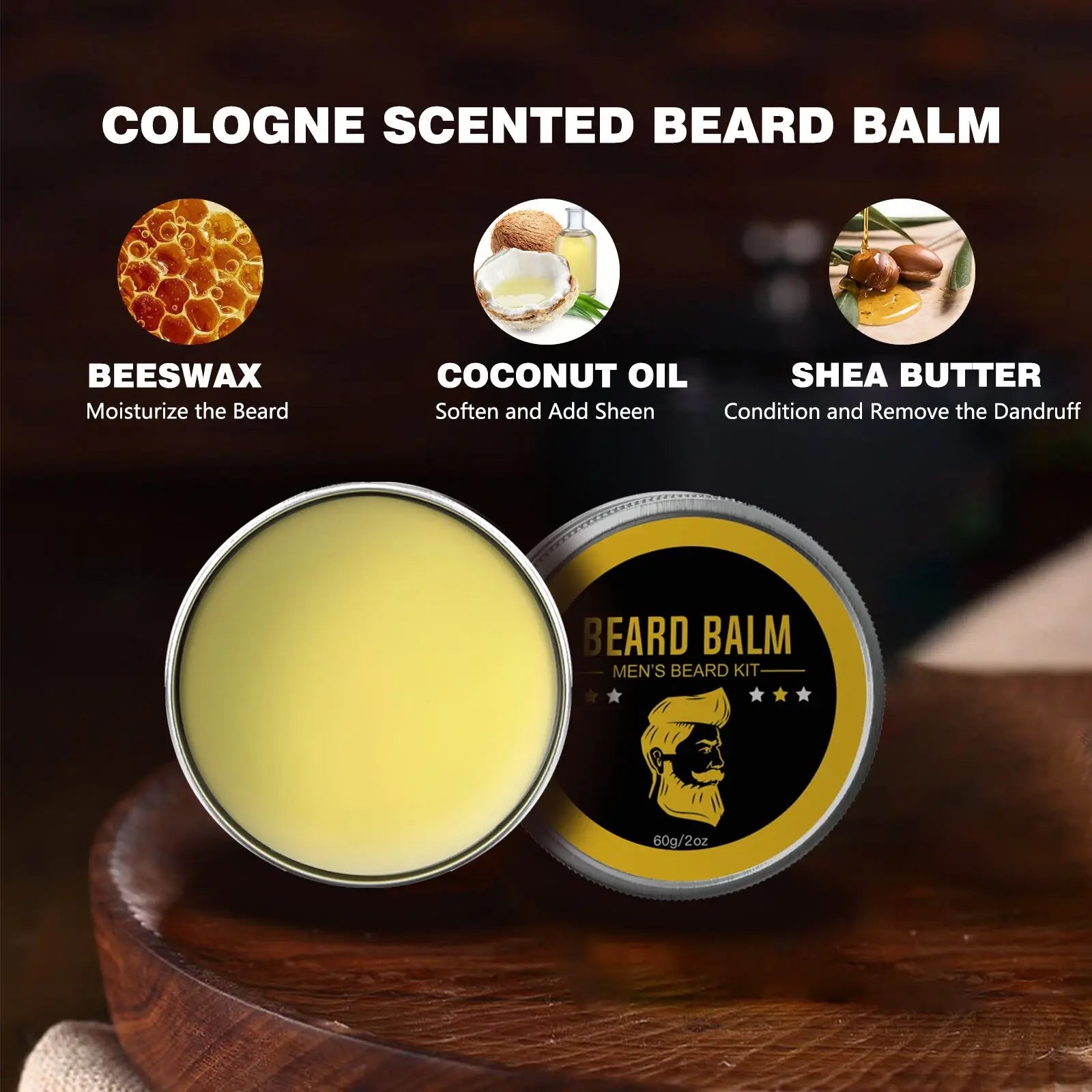 A round silver-topped tin of cologne-scented beard balm with black and gold label in beard care kit 8 piece grooming set