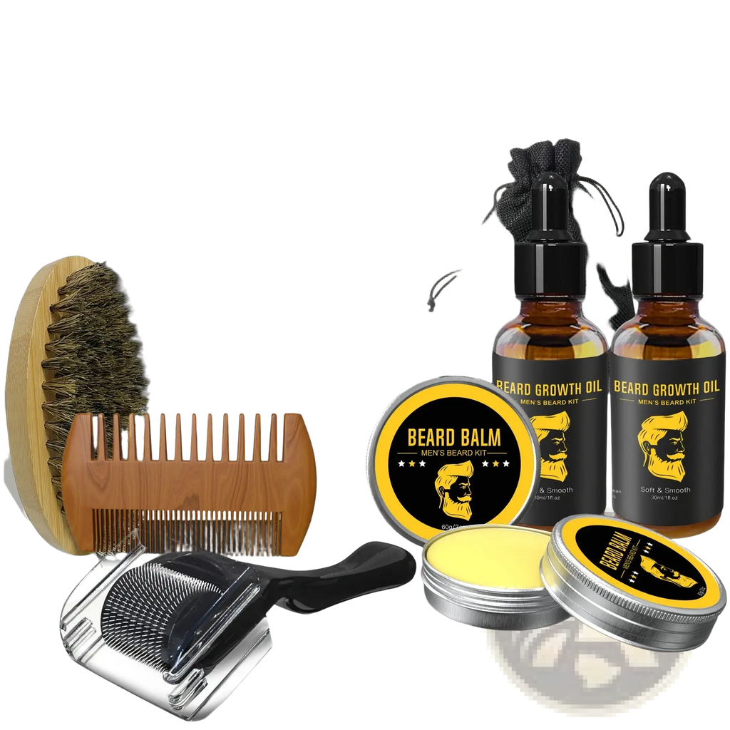 Beard care kit 8 piece grooming set with wooden comb, natural bristle brush, metal tool, amber oil bottles, and balm tubs
