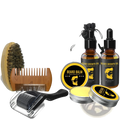 Beard care kit 8 piece grooming set with wooden comb, natural bristle brush, metal tool, amber oil bottles, and balm tubs