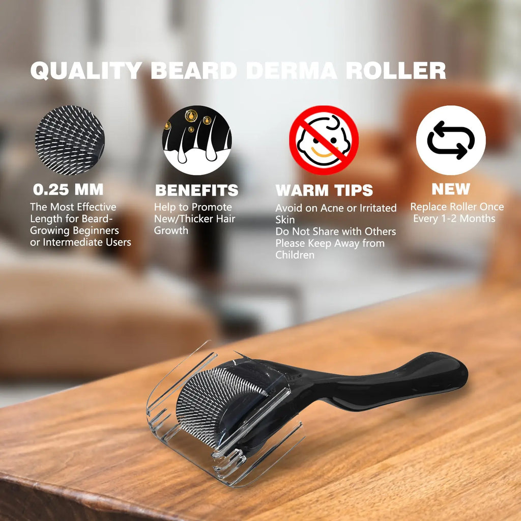 Black plastic-handled beard derma roller with 0.25mm needles and transparent casing for promoting hair growth in beard care kit