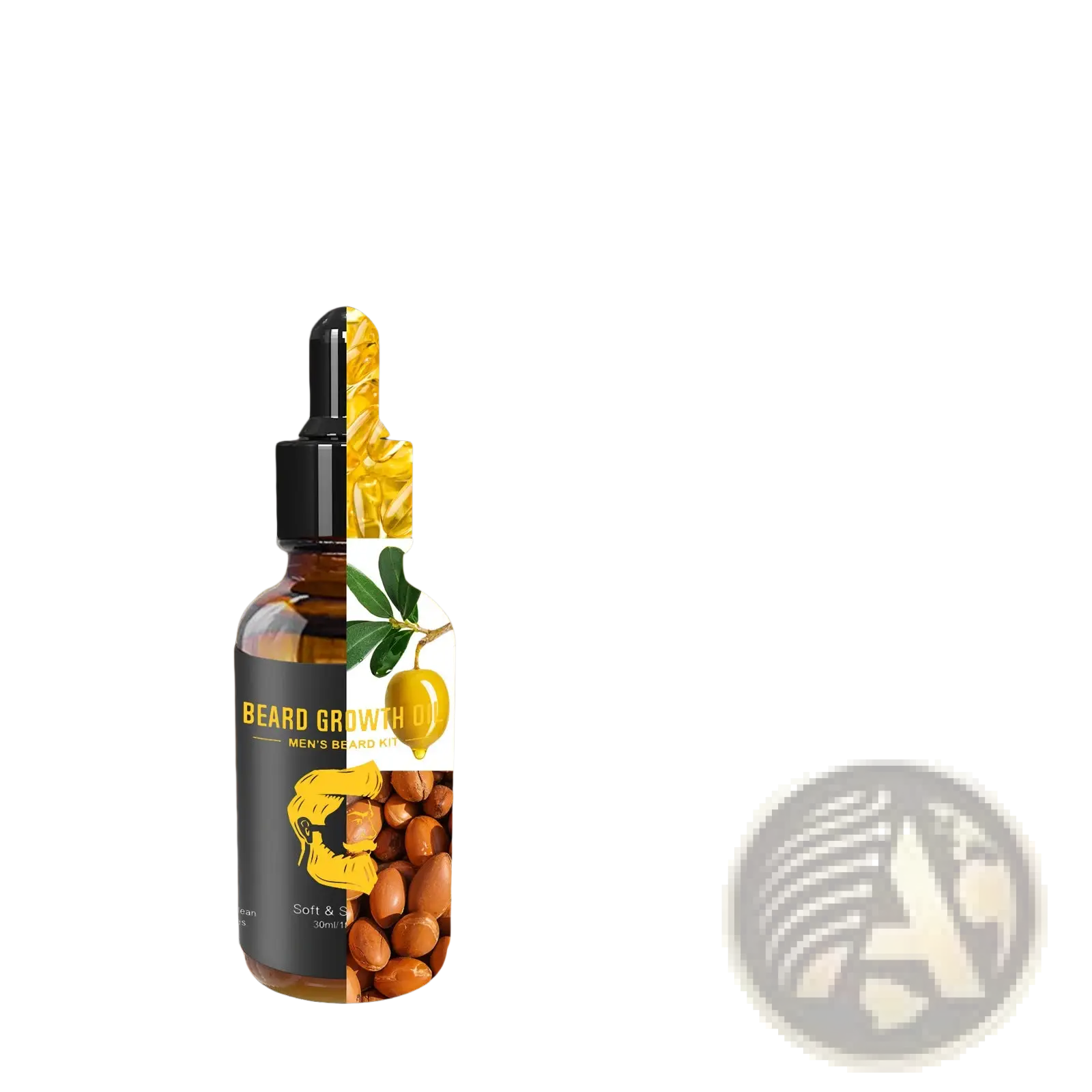 Dark amber glass beard oil bottle with black dropper cap and yellow beard illustration in beard care kit set