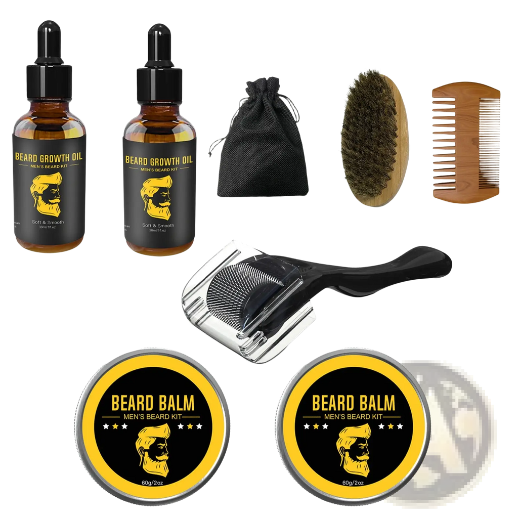 Men’s beard care kit 8 piece grooming set with amber glass oil bottles wooden brush and comb balm jars and derma roller
