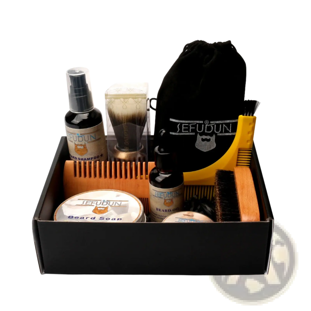 Black sefudun drawstring bag with white beard and mustache logo for beard care kit 9 piece grooming set with styling tools