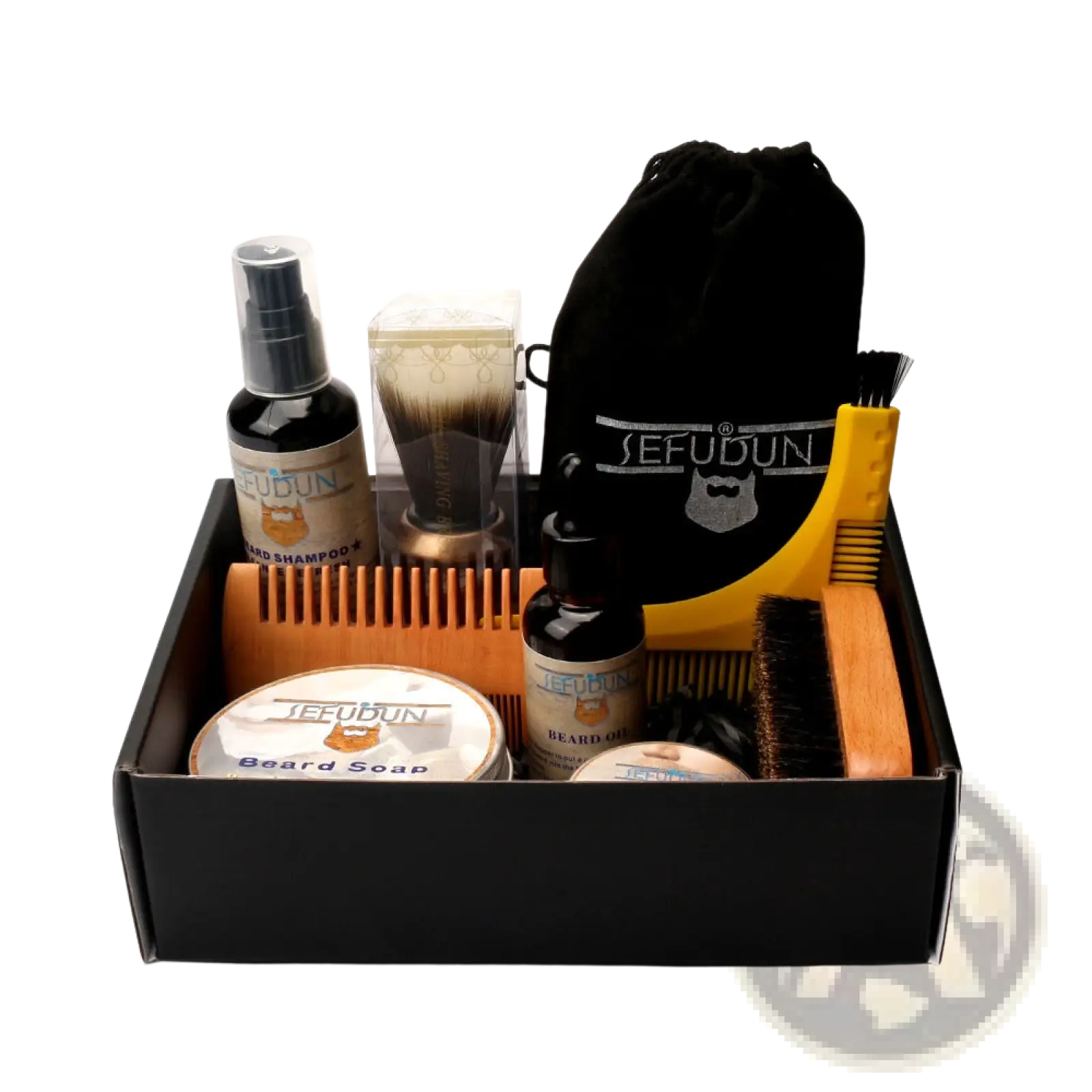 Black sefudun drawstring bag with white beard and mustache logo for beard care kit 9 piece grooming set with styling tools