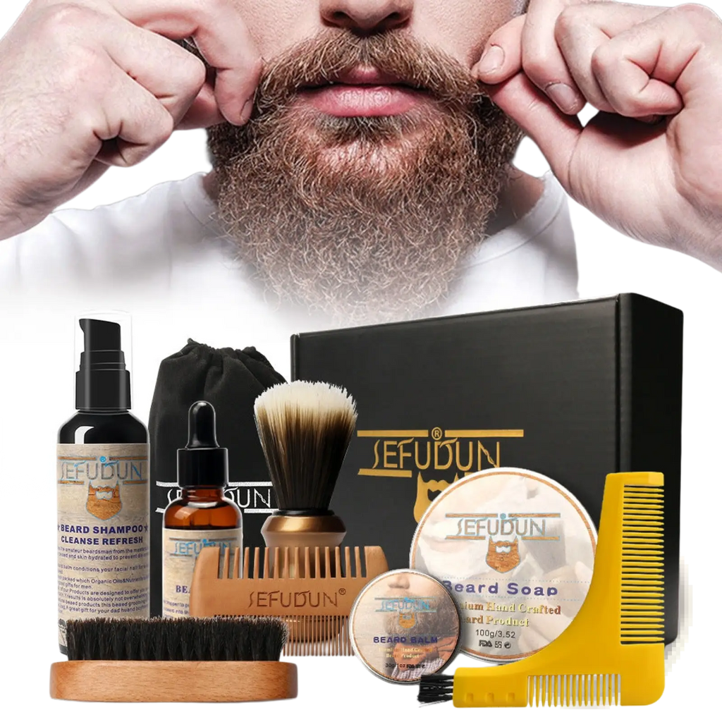 The sefudun beard care kit features a 9 piece grooming set with wooden brush black bristles comb and amber glass bottles