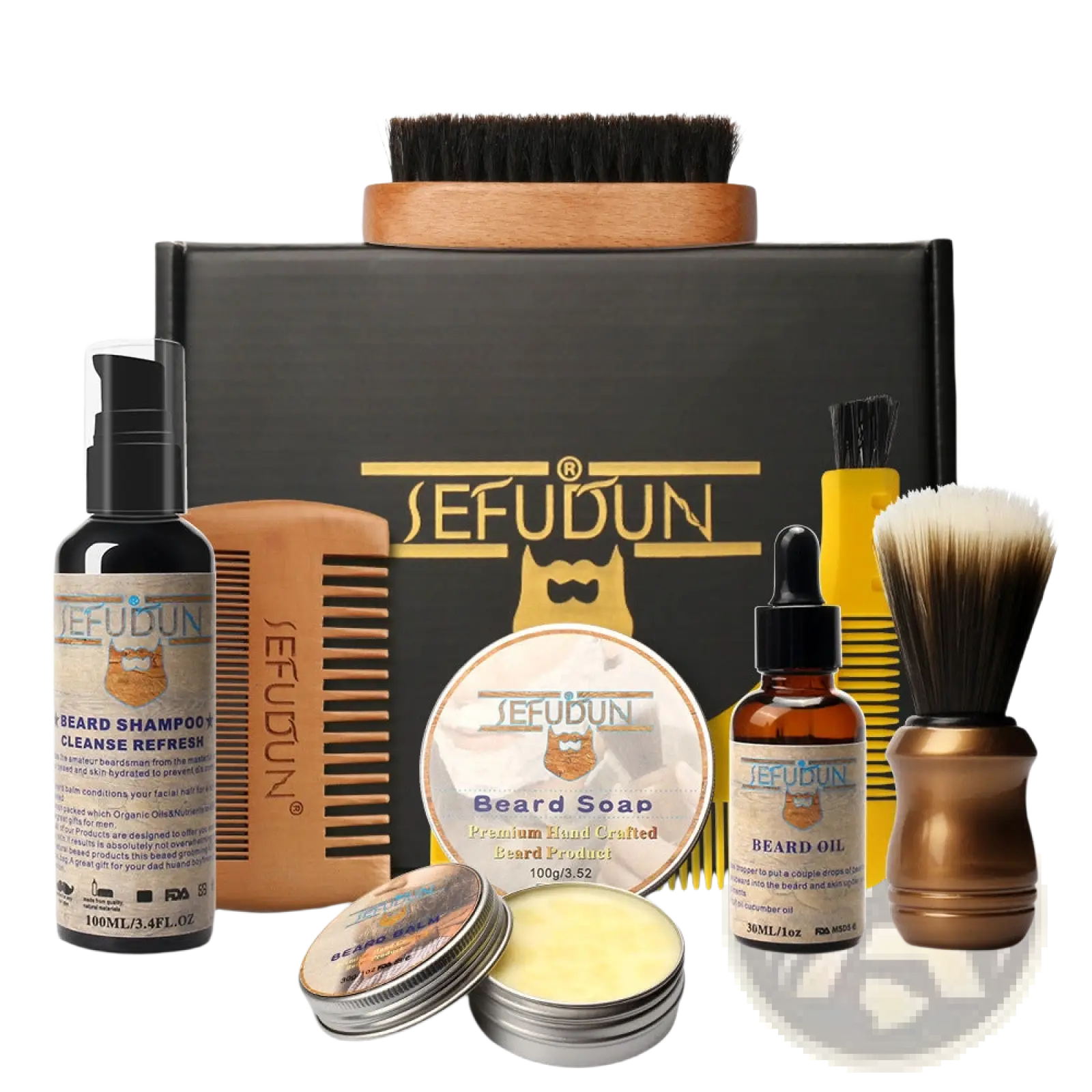 Sefudun beard care kit 9 piece grooming set with amber shampoo and oil bottles, bronze brush, wooden comb, and tin soap