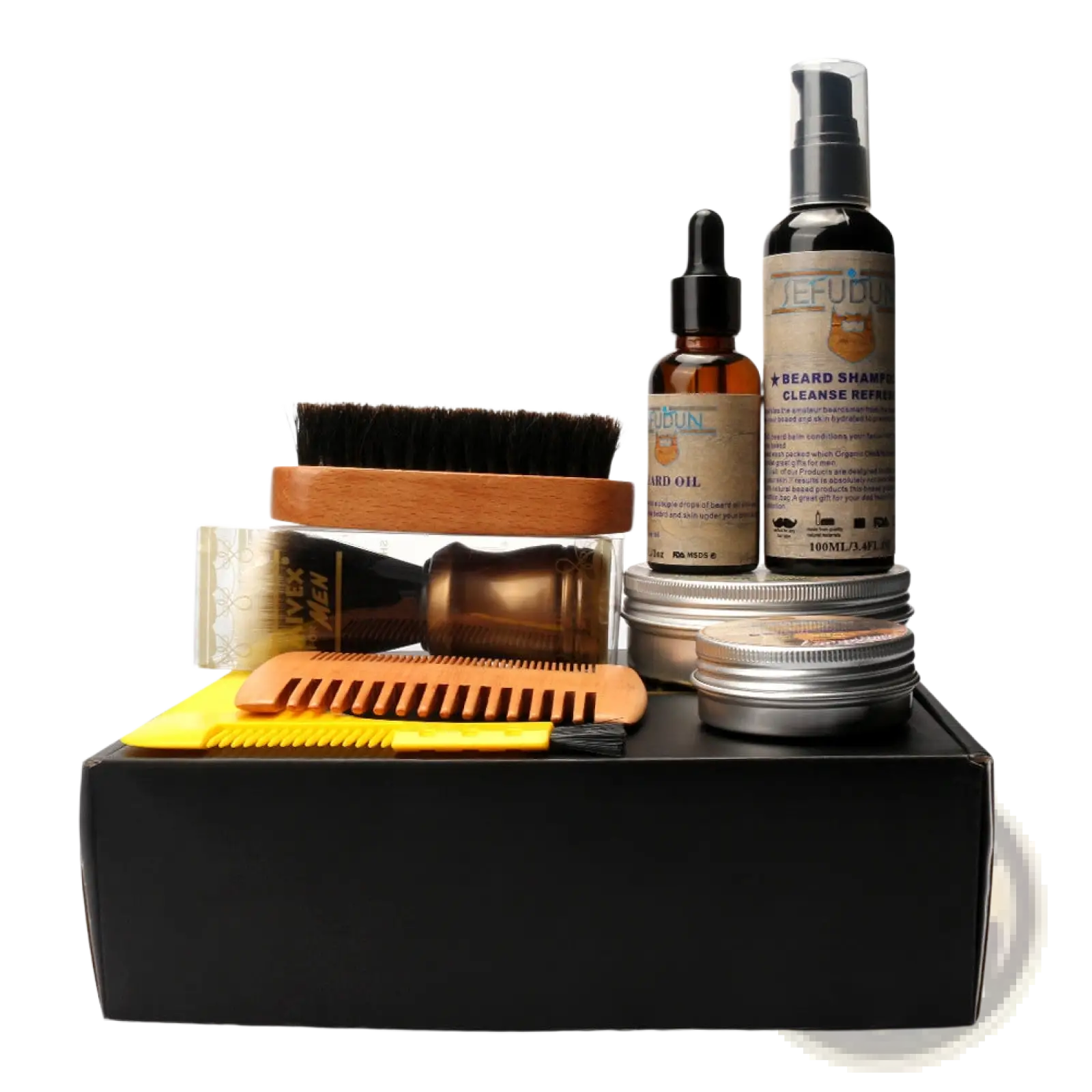 Wooden-handled beard brush with black bristles in black gift box as part of beard care kit 9 piece grooming set