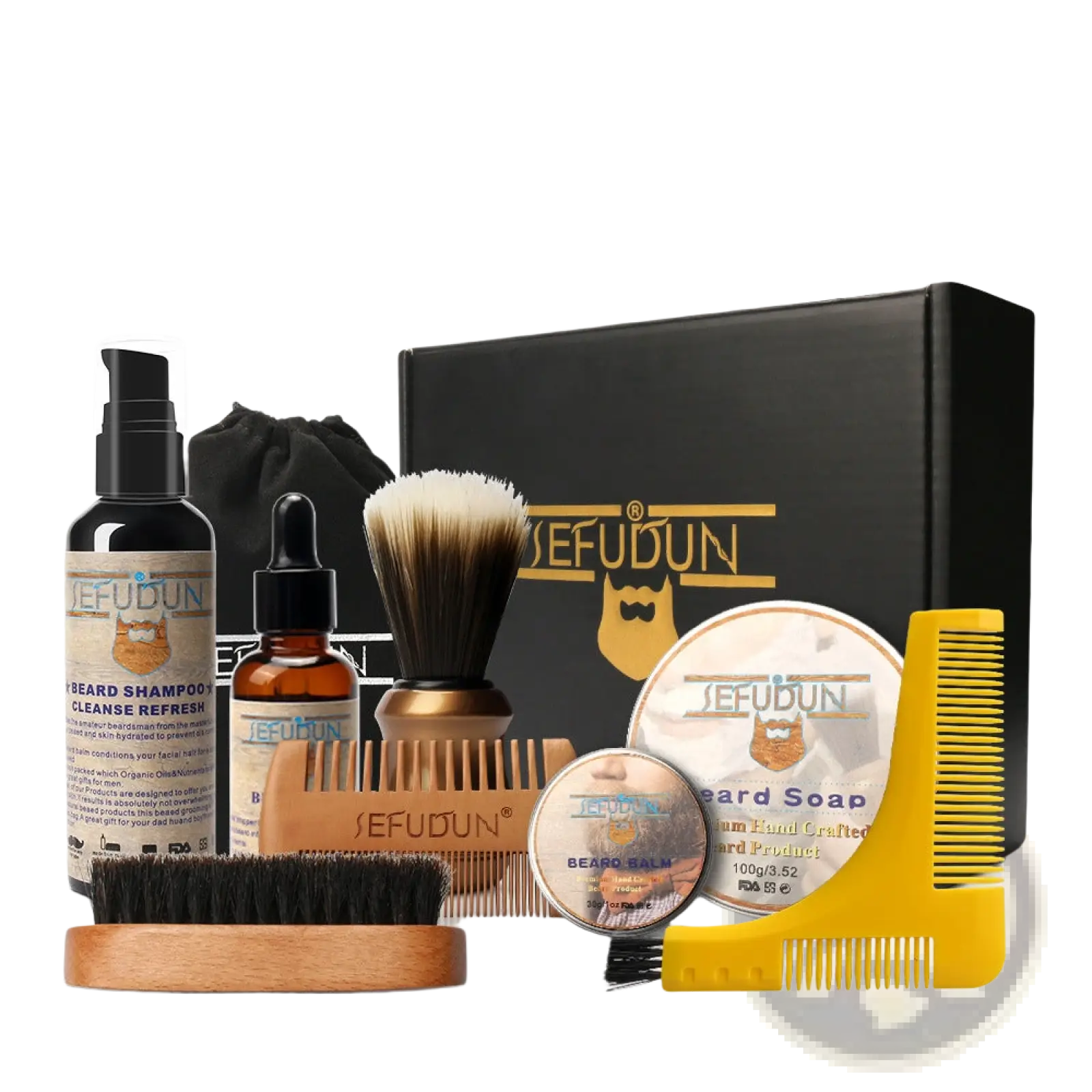 Sefudun beard care kit 9 piece grooming set with black gold brush wooden and plastic comb amber glass bottle and soap tin