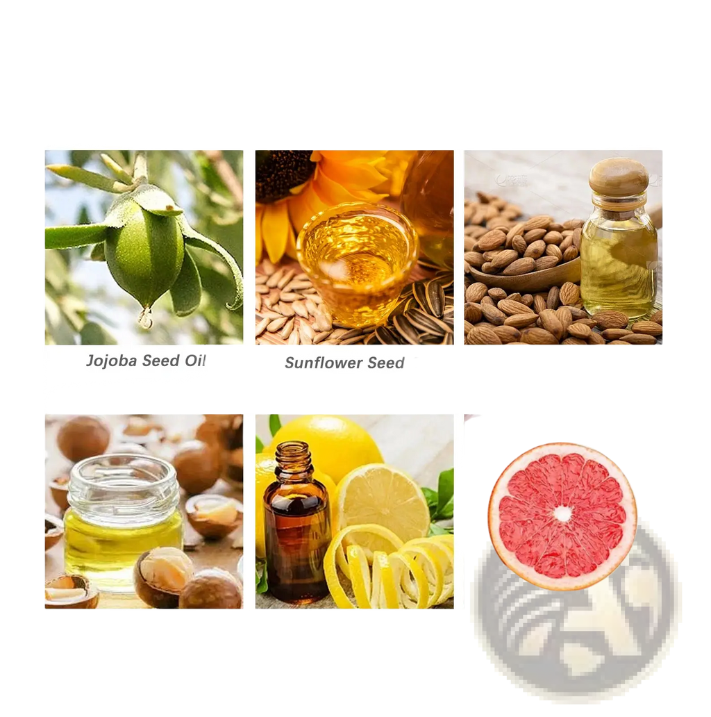 Beard care oil moisturizing men’s styling treatment featuring jojoba seed oil sunflower seed oil almond oil argan oil lemon peel oil and grapefruit oil ingredients displayed in six images grid