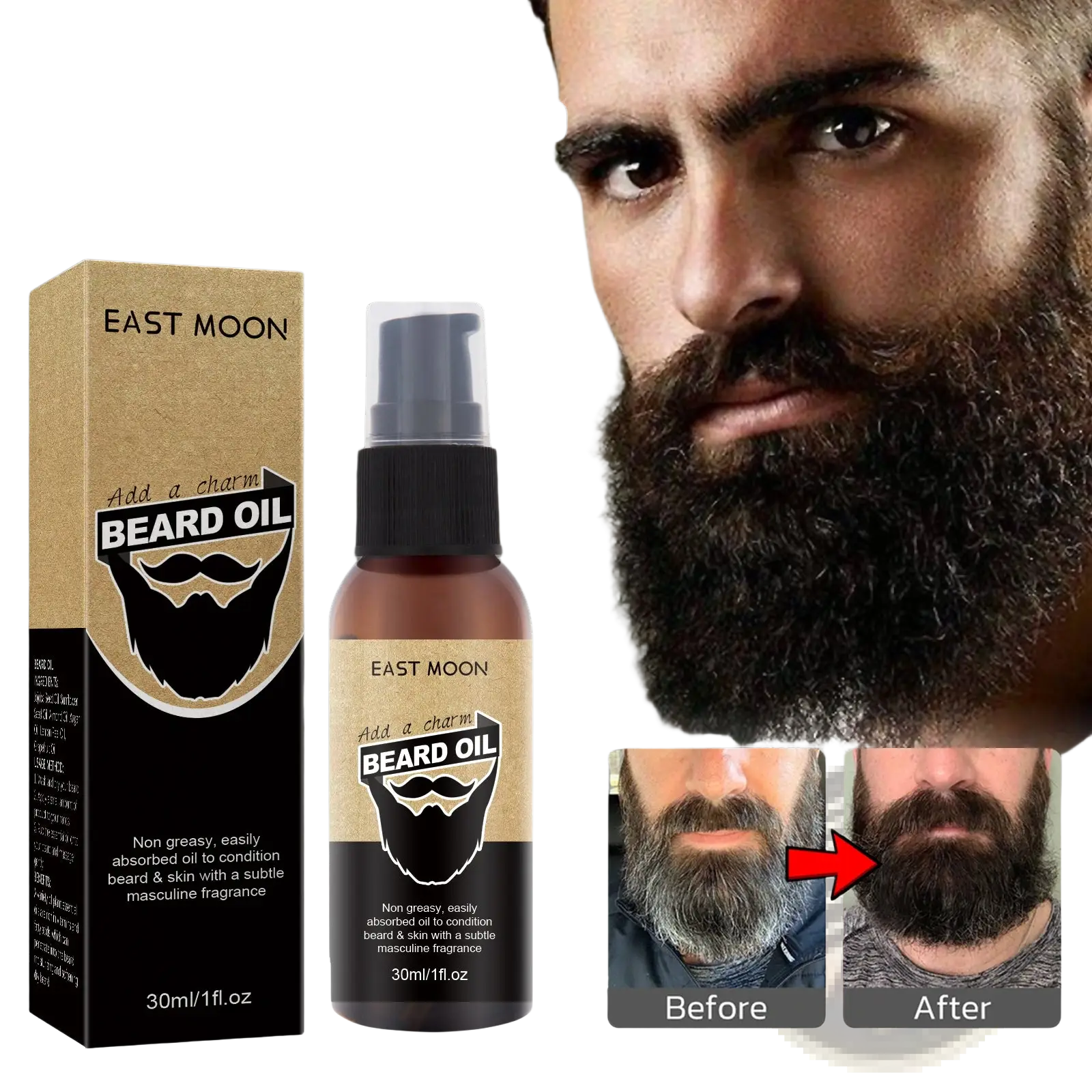 East moon beard care oil moisturizing men’s styling treatment in brown glass bottle with black pump and gold foil box