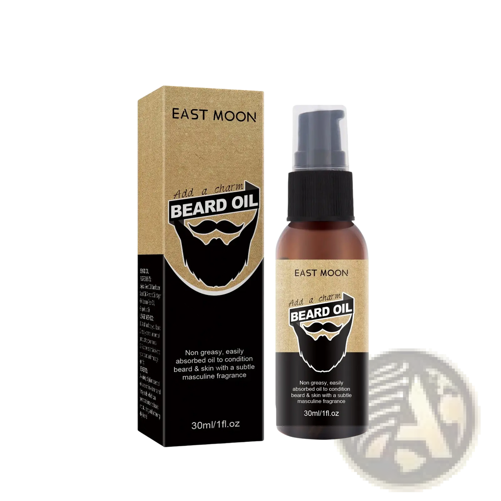 East moon brand beard care oil moisturizing men’s styling treatment in brown glass bottle with black pump and gold black label
