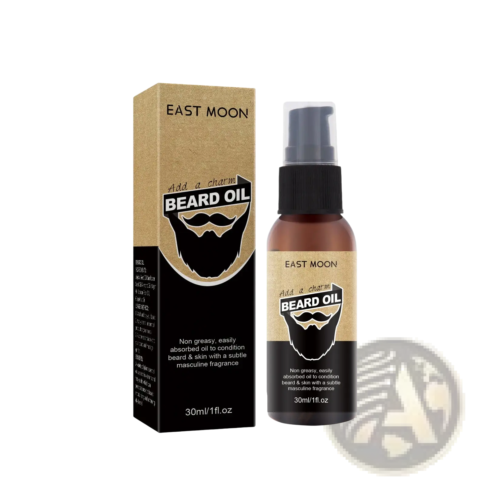 East moon brand beard care oil moisturizing men’s styling treatment in brown glass bottle with black pump and gold black label