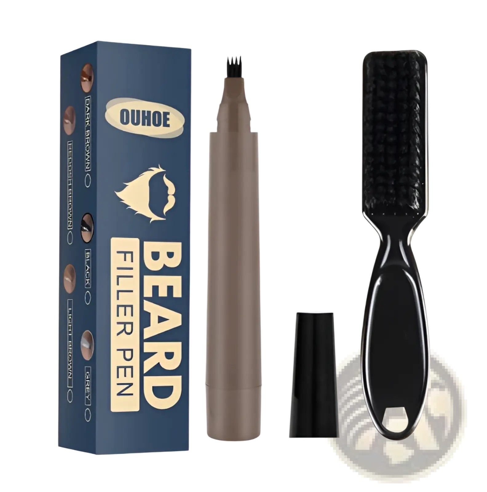Ouhoo 2-piece beard filler pen kit with brown waterproof applicator pen and black bristle brush for patchy beards