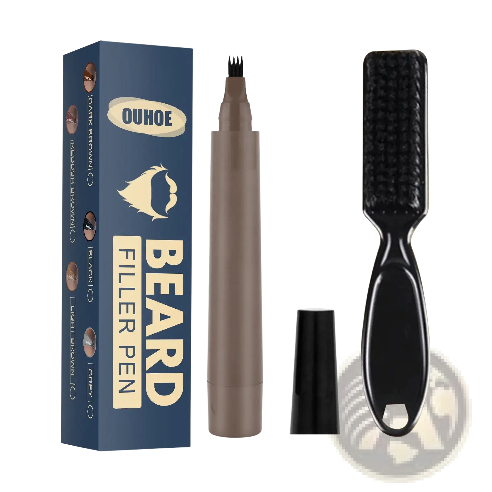 Ouhoe beard filler pen kit with brown barrel, fine brush tip, and black bristle brush for patchy beard filling