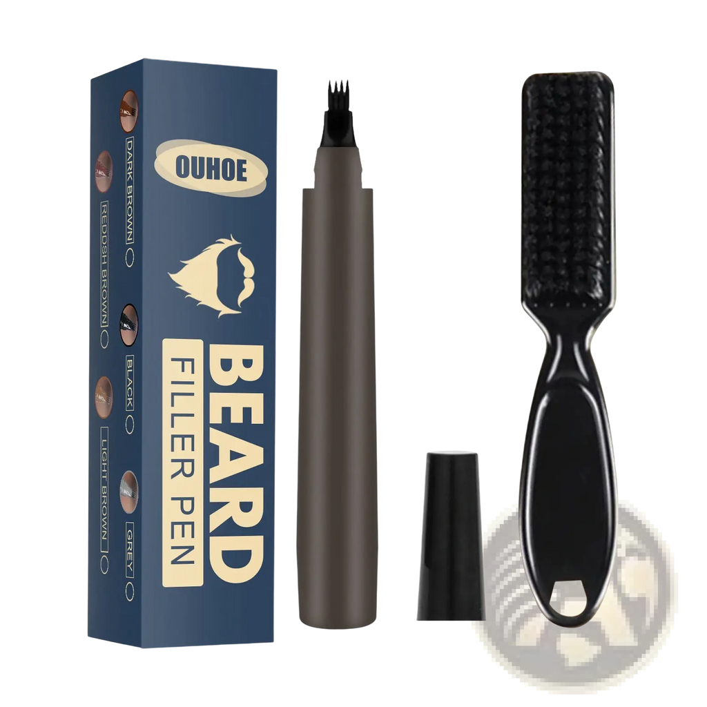 Ouhoo beard filler pen kit with sleek dark brown barrel, fine-tipped applicator, and black grooming brush for patchy beards