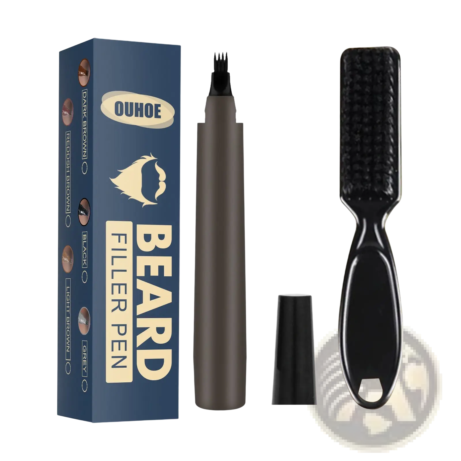 Ouhoo beard filler pen kit with sleek dark brown barrel, fine-tipped applicator, and black grooming brush for patchy beards