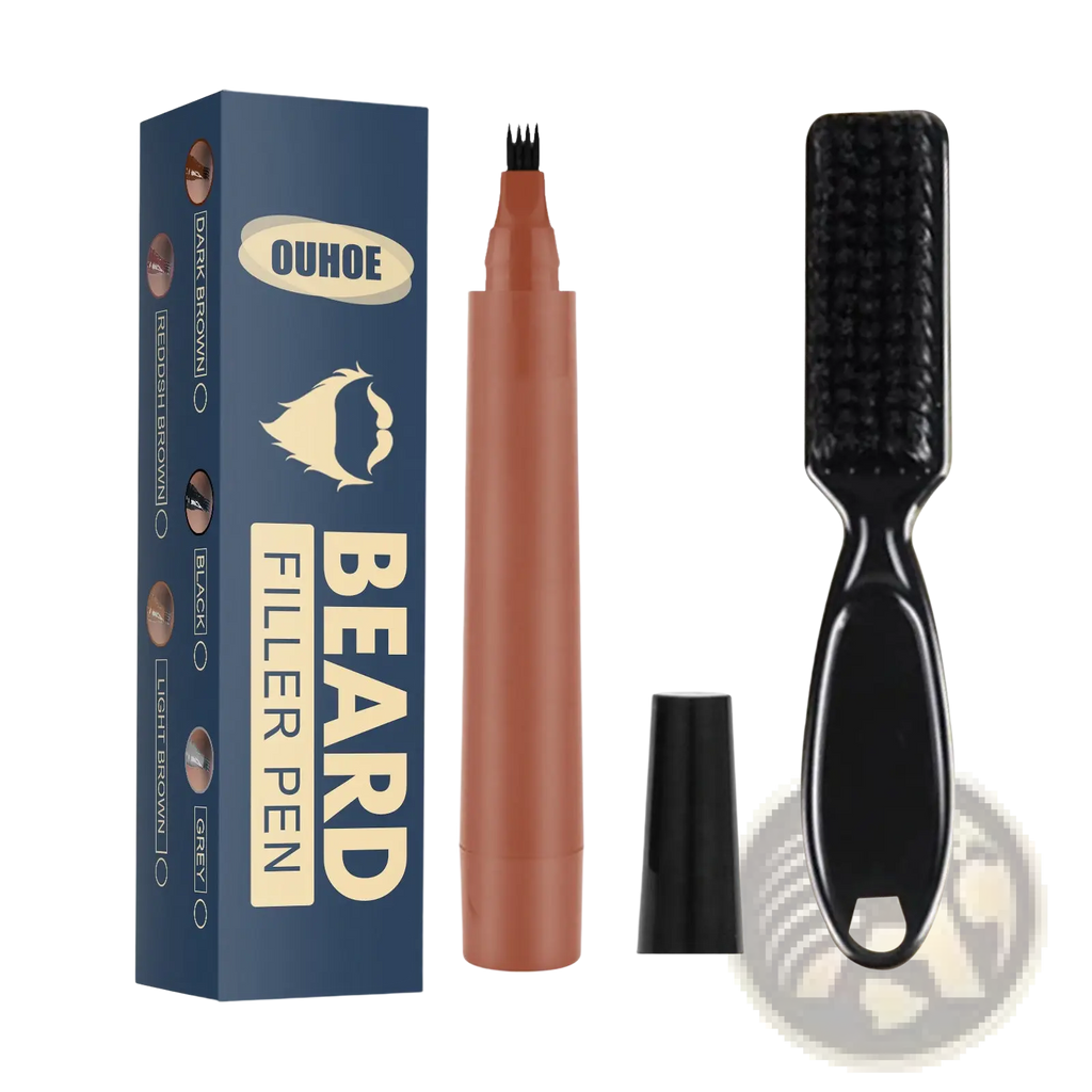 Ouhoo beard filler pen kit with waterproof patchy beard pencil and fine black brush tip in brownish orange barrel with box