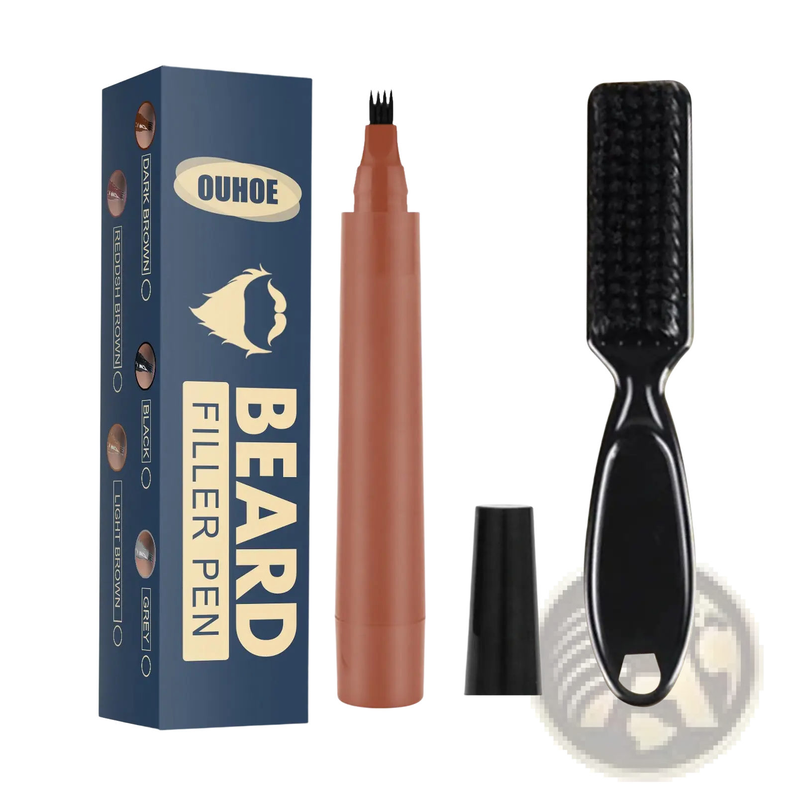 Ouhoo beard filler pen kit with waterproof patchy beard pencil and fine black brush tip in brownish orange barrel with box