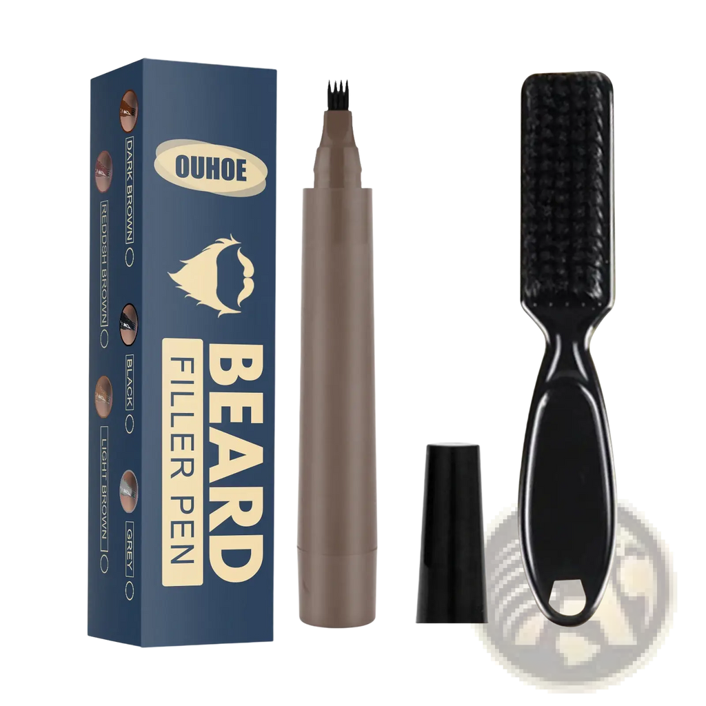 Ouhoo beard filler pen kit with brownish-gray barrel and fine dark-tipped brush for precise waterproof patchy beard filling