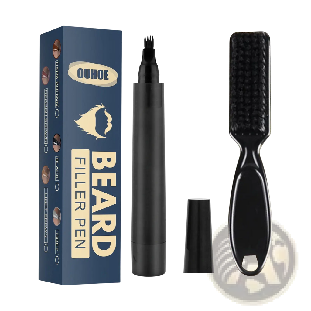 Black ouhoe beard filler pen with fine tip and matching brush in navy blue box for waterproof patchy beard use