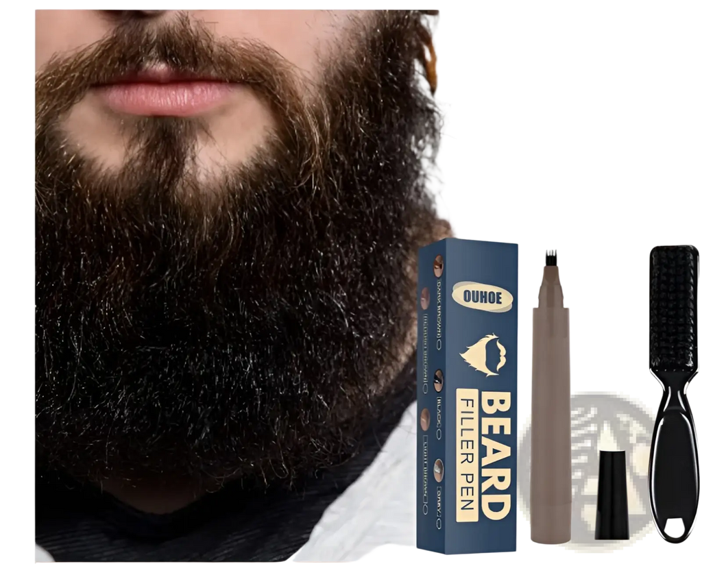 Dark brown ouhoe beard filler pen with fine brush tip and black cap displayed with waterproof patchy beard pencil kit packaging