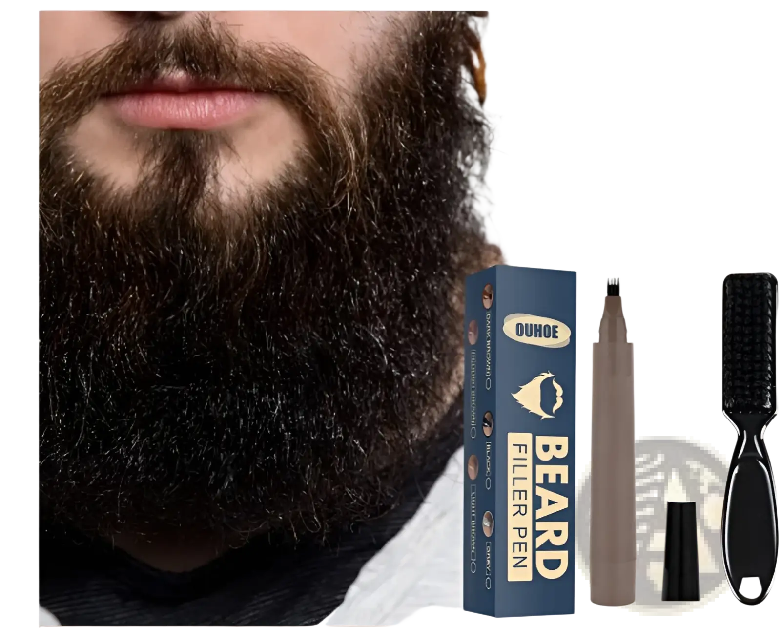 Dark brown ouhoe beard filler pen with fine brush tip and black cap displayed with waterproof patchy beard pencil kit packaging