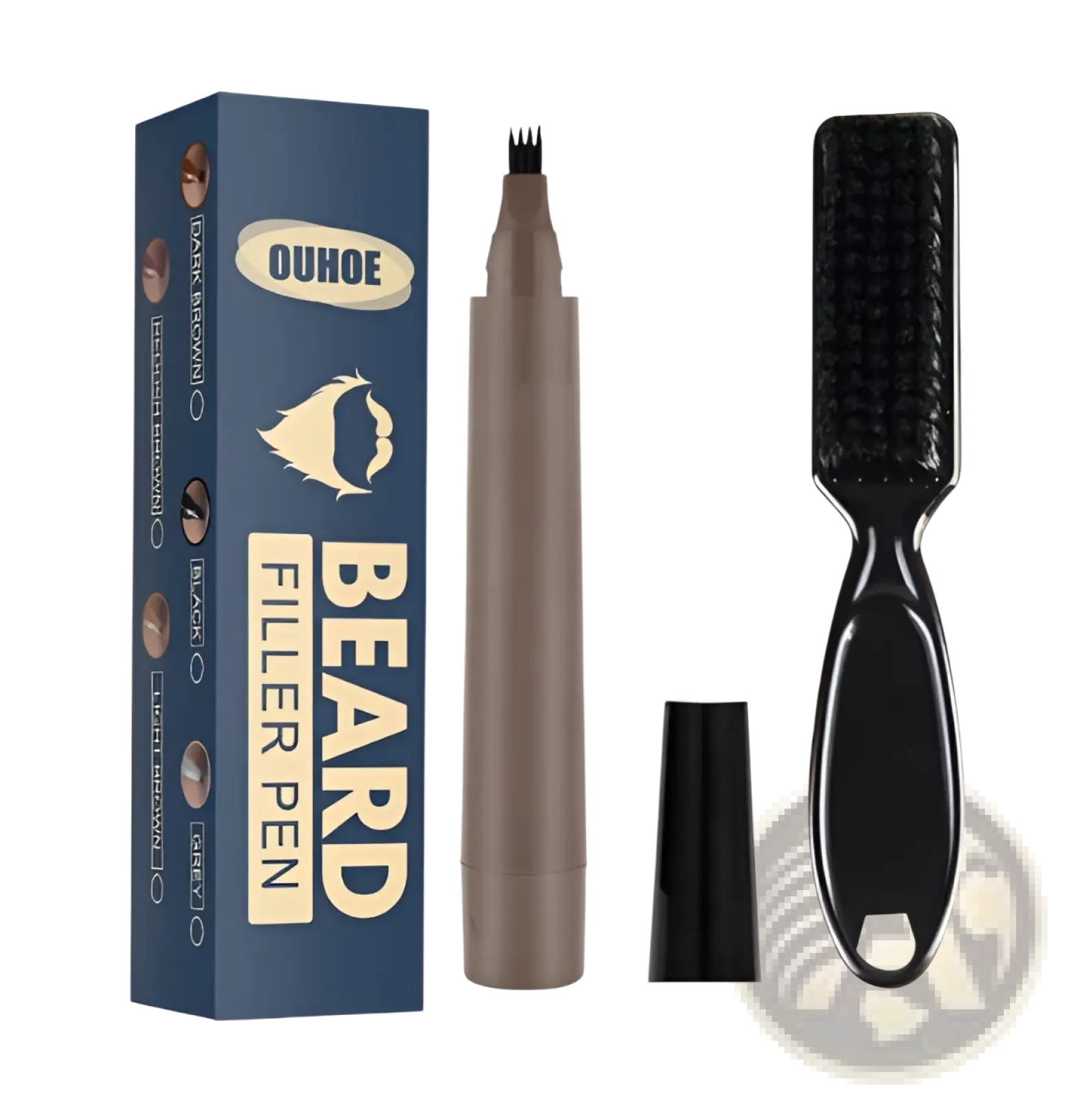 Ouhoo brown beard filler pen kit with waterproof patchy beard pencil four tip and matching brush and cap