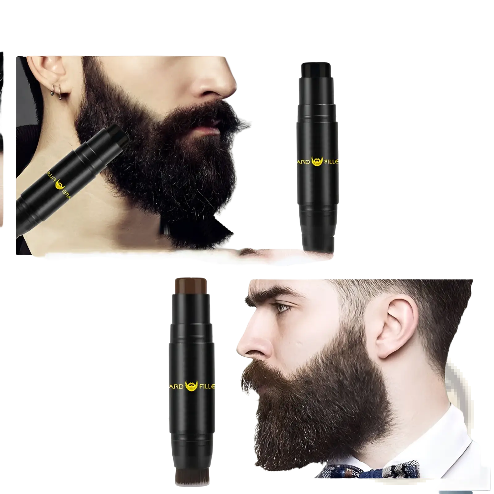 Black and dark brown beard filler sticks with sleek cylindrical design for hair thickening and styling pen use
