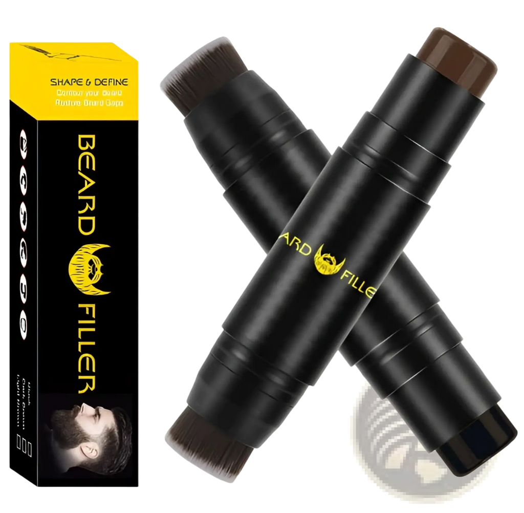 Black cylindrical beard filler stick hair thickening styling pen with brush applicator and brown pigment branded ard fille