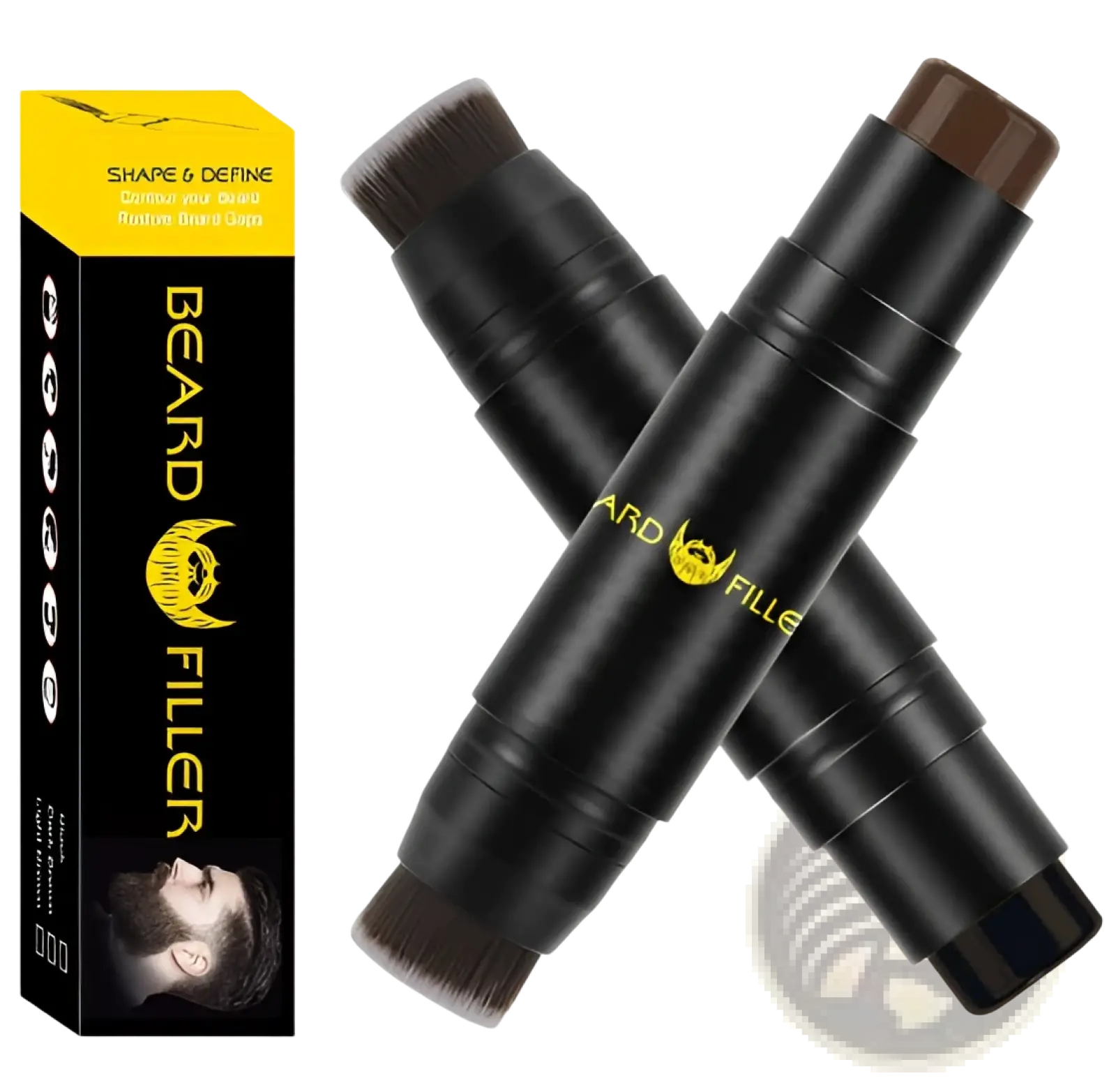 Black cylindrical beard filler stick hair thickening styling pen with brush applicator and brown pigment branded ard fille