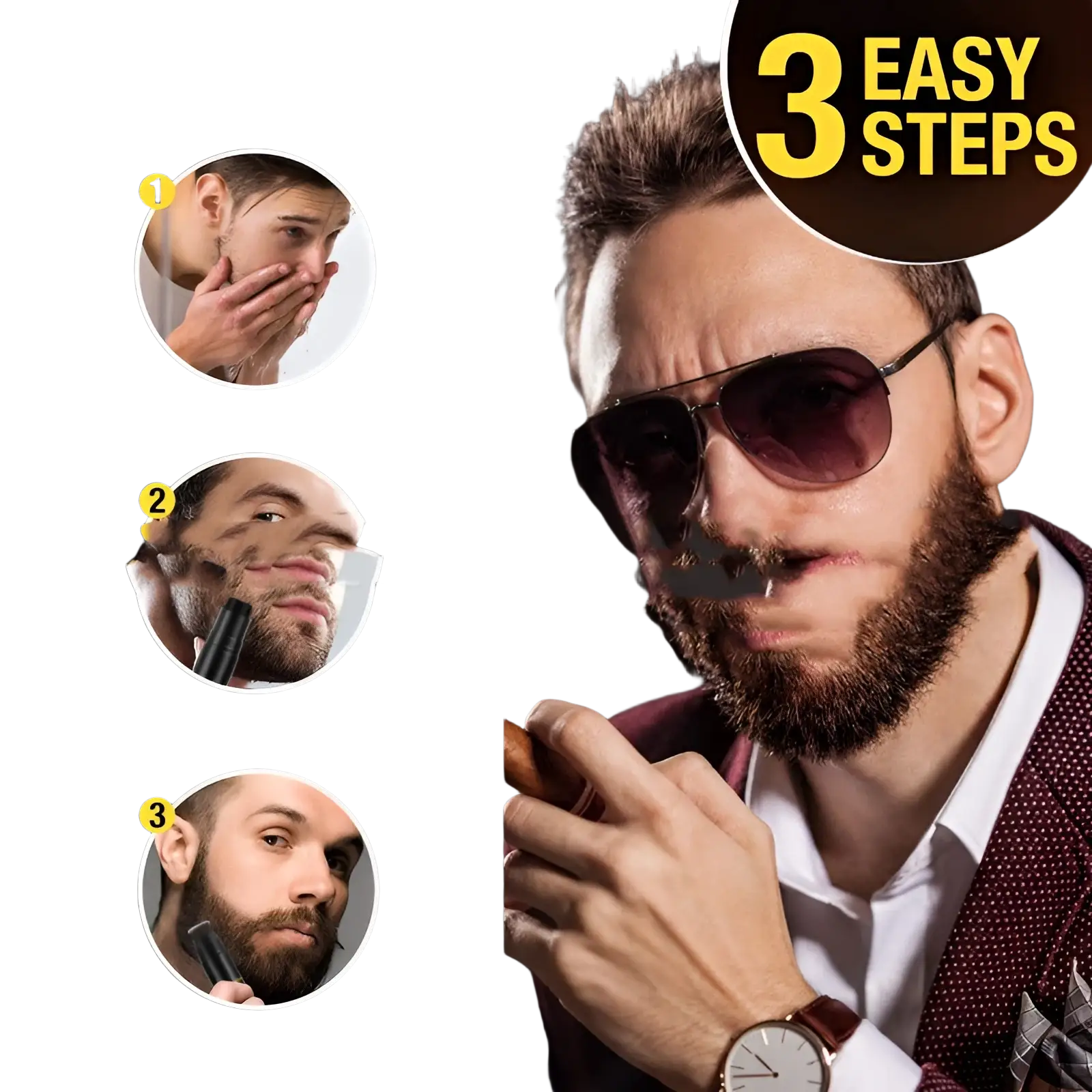Black beard filler stick with brush-like tip for applying and blending fake facial hair in hair thickening pen
