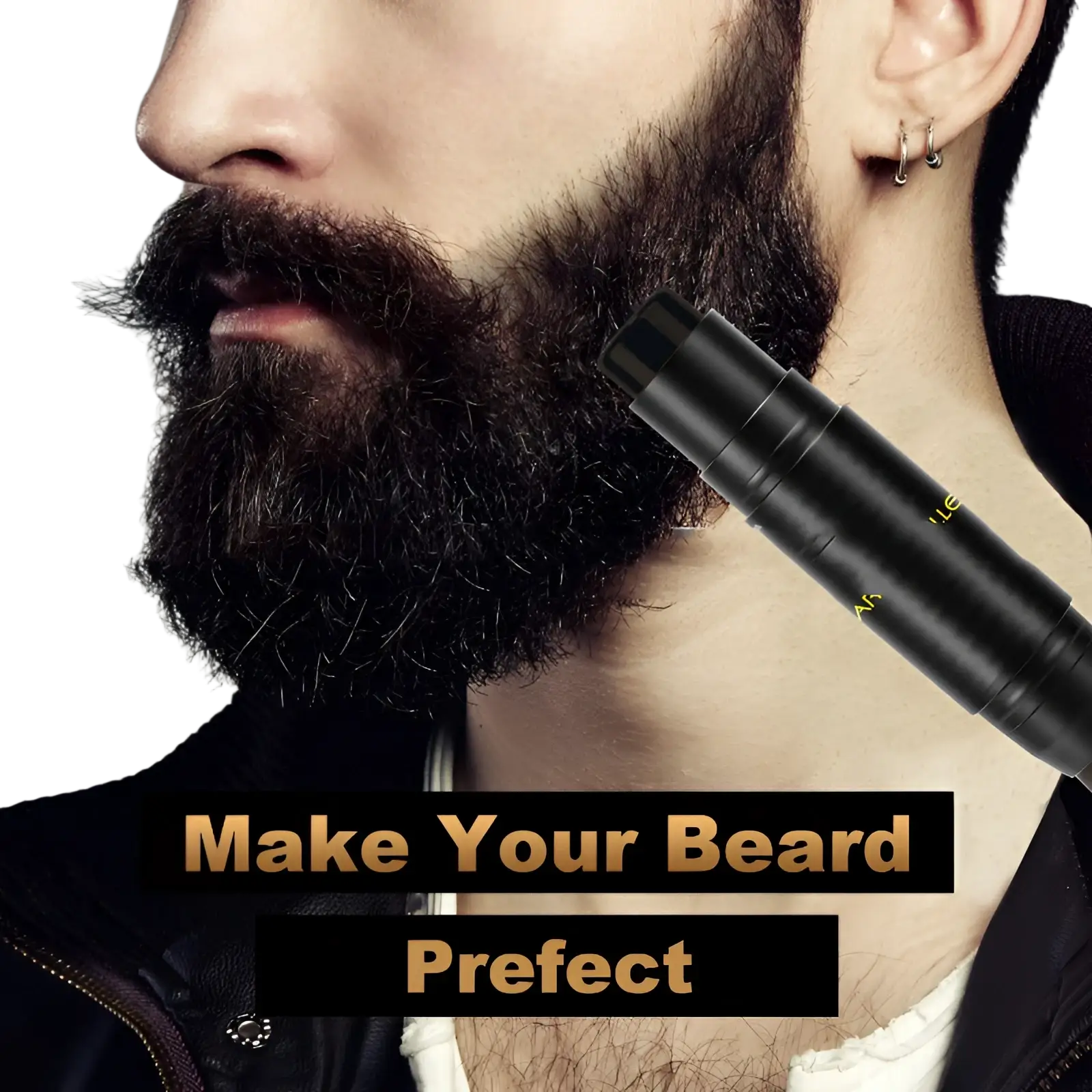 Black cylindrical beard filler stick with gold lettering for hair thickening and styling use